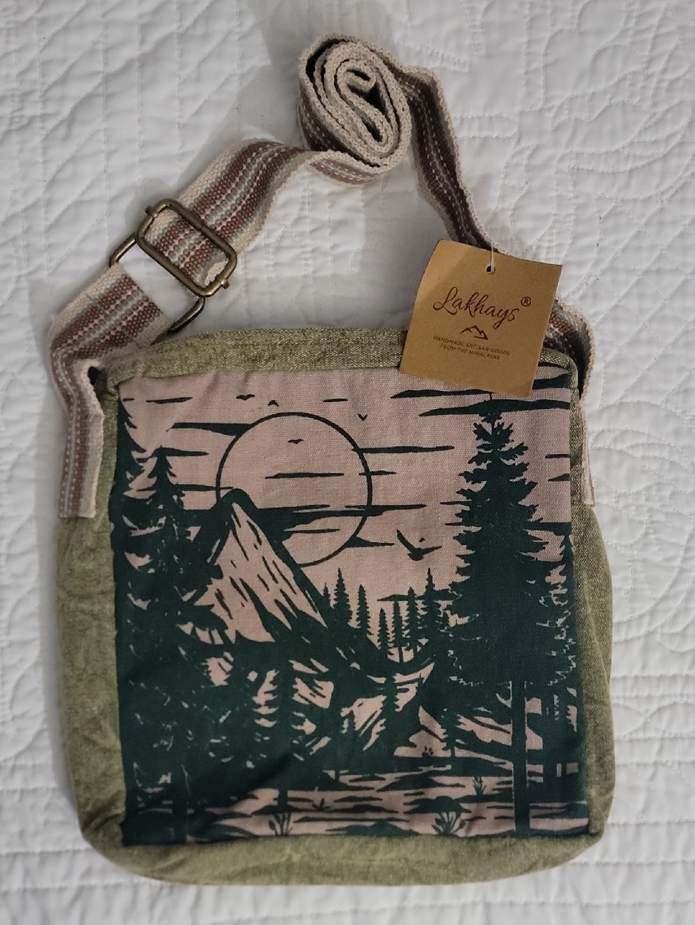 Lakhays Hobo Hippie 100% Cotton Mountain Print Shoulder Bag in Sage & Blush